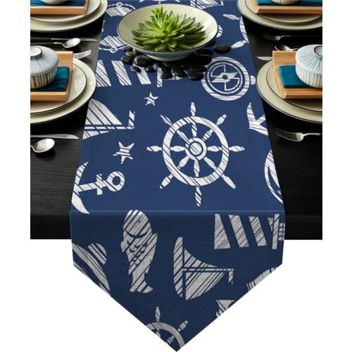 Blue Anchor Boat Fish Table Runner For Wedding Hotel Party Table Runners Modern Cake Floral Tablecloth Home Decoration