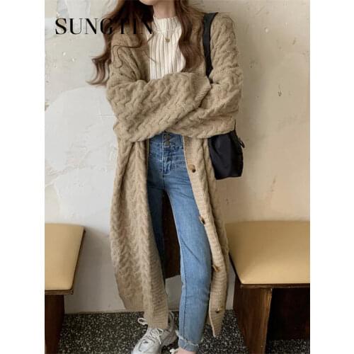 Sungtin Vintage Twisted Casual Long Knitted Cardigan Women Korean Oversized Thicken Warm Loose Coats Soft Knit Outwear Button
