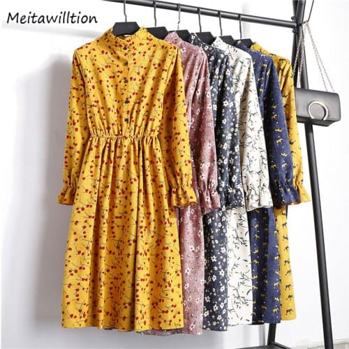 New 2020 Autumn Winter Women Casual Dress Elastic Waist Stand Neck Printed Floral Corduroy Dress Female Party Dress Vestidos