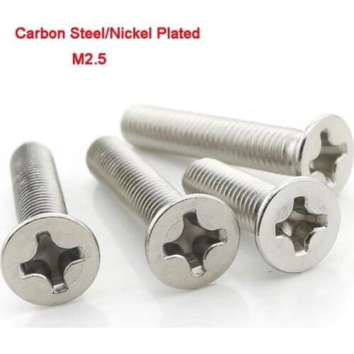20Pcs Nickel Plated Carbon Steel Philips Cross Recessed Countersunk KM Machine Screw Flat Head Micro Screw M2.5 Length 4-16mm