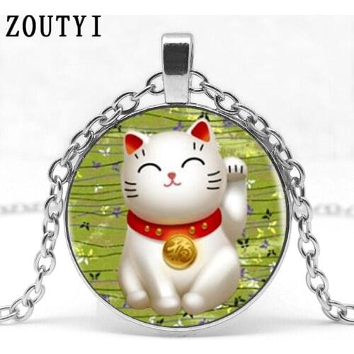 2018/Lucky Cat Logo Glass Pendant Necklace Green Maneki Neko Good luck charm Japanese art round vintage necklace ladies jewelry