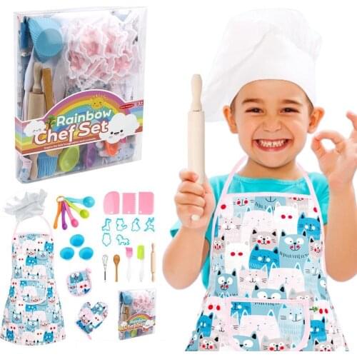 26 PCS Kids Cooking And Baking Set Children Chef Apron Set Cookie Bread Maker Kitchen Pretend Play Toy Set