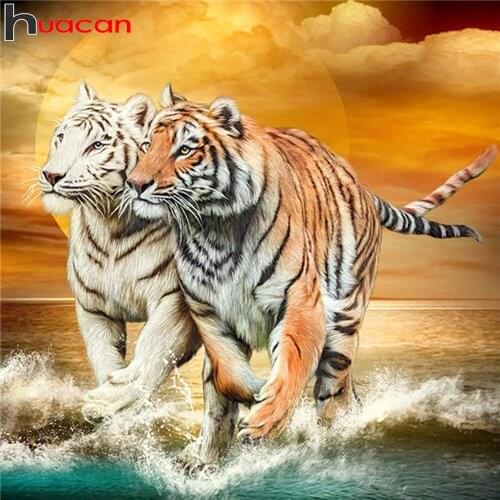 Huacan 5d Diamond Painting Full Drill Tiger Couple Mosaic Sea Animal Embroidery Cross Stitch Sunset Home Decor Diamond Art