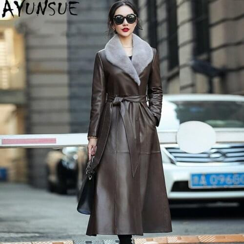 AYUNSUE 2020 Womens Leather Jacket Real Sheepskin Coat Female Long 90% White Duck Down Jackets Mink Fur Collar Cuero Genuino 71