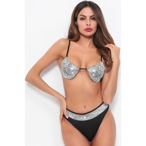 Shiny Diamond Bra Sets Women Sexy Matching Spaghetti Strap Bra and Pantie Sets Summer Rhinestone Beach Suit