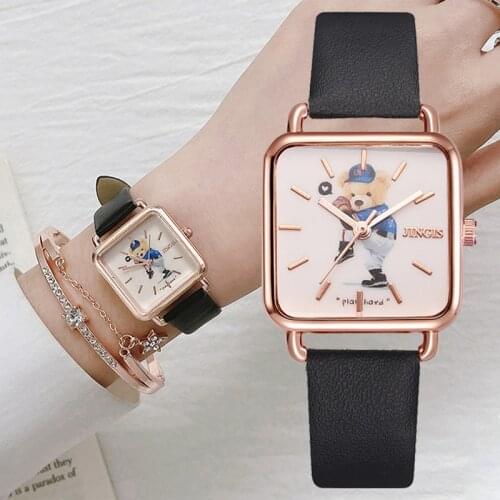 Casual Women Watches Bear Pattern Square Bracelet Watches Set Ladies Leather Band Quartz Wristwatch Female Clock Zegarek Damski