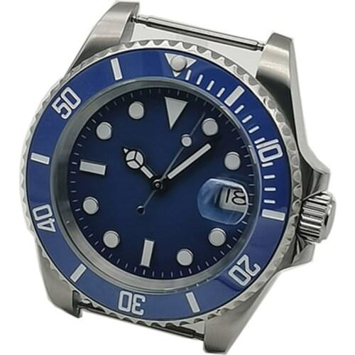 40mm Stainless Steel Watch Case Automatic Watch Mechanical Blue Ceramic Bezel with Calendar Window