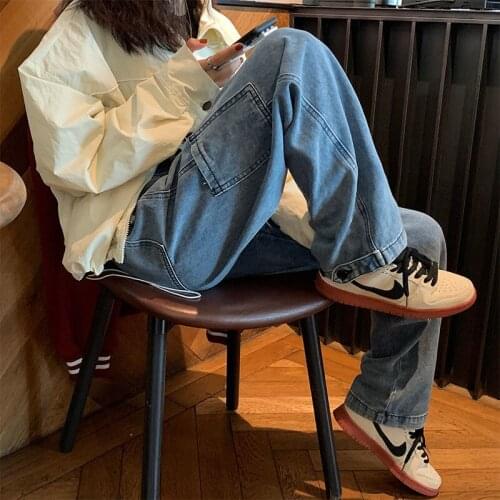 Jeans Womens High Waist Wide Leg Pants Pocket Blue Korean Student Simple BF Retro Casual Wild Loose Straight Pants