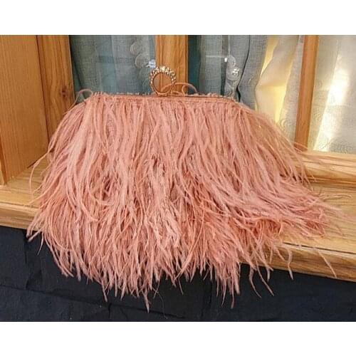 Designer Satin Ostrich Fur Feather Clutch Women Clutch Knuckle Rings Dinner Evening Bag Chain Purse Handbag