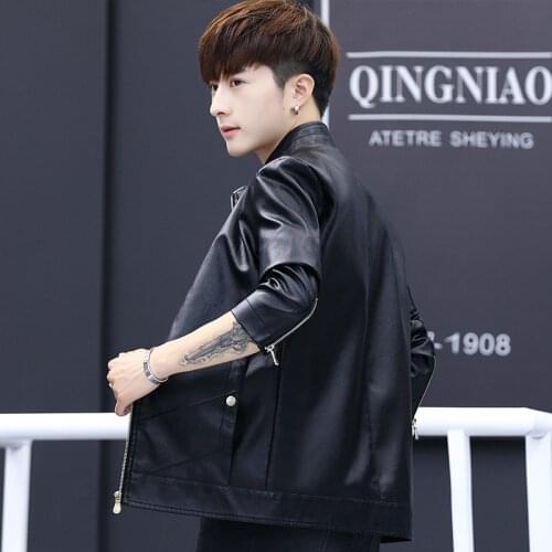 2021 Spring New Mens Stand-up Collar Slim Fit Leather Jacket Baseball Collar Casual Youth Stitching PU Leather Jacket