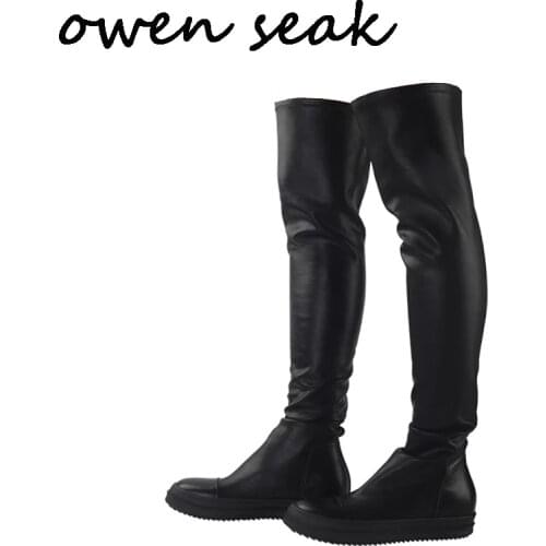 Owen Seak Men Shoes Over Knee High Boots Luxury Trainers Sheepskin Leather Winter Boots Casual Snow Flats Black Big Size Boots