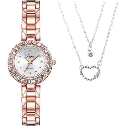 New Double diamond necklace Business Casual Quartz Watch With Necklace Ladies Jewelry Gift Combination reloj mujer elegante #N03