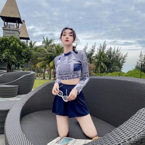New Long-sleeved Swimsuit Women Split Skirt Two-piece Suit Sexy Thin Gather Korean Student Swimsuit Beach Wear Girls Swimwear