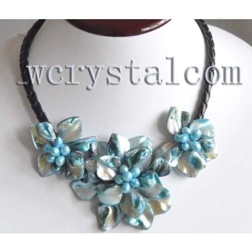 Blue Shell Necklace Flower Leather Cultured Freshwater Pearls beads