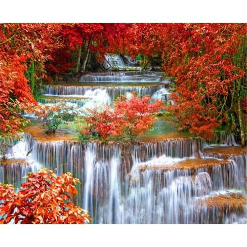 Landscape Nature Waterfall Maple Leaf 11CT Cross-Stitch DIY Embroidery Kit Craft Sewing Hobby Painting Design Package Festivals