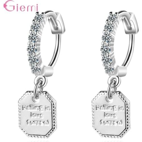 Simple Creative Fall in Love Tag Pendant Drop Earrings AAA Clear CZ Rhinestone 925 Sterling Silver Earring Jewelry