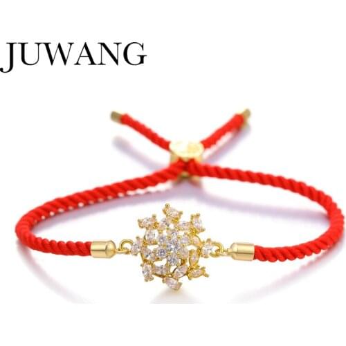 Luxury Flower Design Cubic Zirconia Crystal Flower Bracelets Red Rope Adjustable Bracelet For Women or Wedding Jewelry