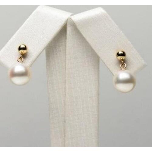 Free shipiing White Real Akoya Cultured Pearl Ear Drop Dangle Earrings 14k Yellow Gold 8.5-9mm