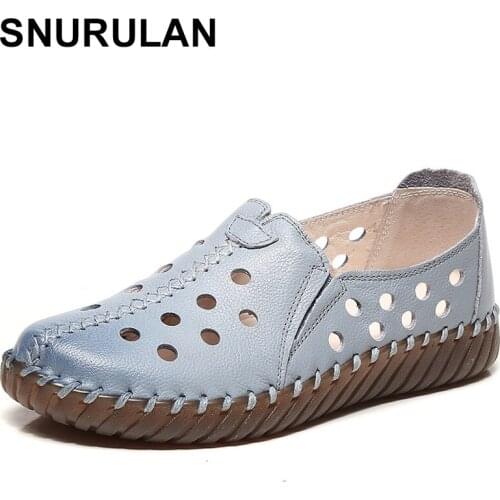 SNURULAN Summer women genuine leather flats women platform sneakers creepers cutouts slip on flats moccasins shoes loafersE588