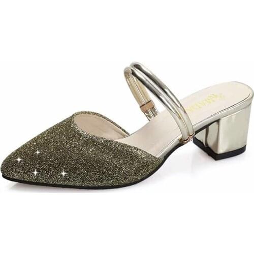 2021 Elegant Women Pumps Breathable Mesh Slippers Shiny Fashion Ladies Square Heel Slip-on Female Office Dress Shoes Hot