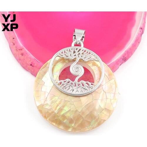 YJXP Silver Plated Safety Buckle Round Hollow Yellow Abalone Shell Pendant Tree of Life Fashion Jewelry