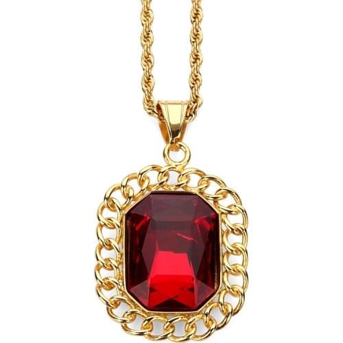 Good Quality Jewelry Red Stones Gem Pendants Bling Necklace Stainless Steel Crystal Chain Wedding Gift For Women Men Birthday