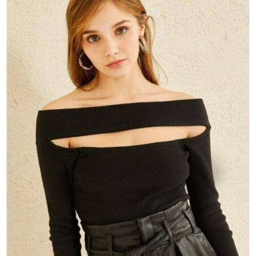 Women Black Sexy Cleavage Open Neck Cotton Soft Sweater Casual Wear Fashion Women Blouse