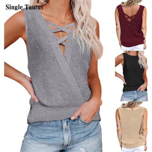 High Street Sweater Vest 2021 Summer Sleeveless V Neck Waffle Knitted Top Hollow Out Criss Cross Sexy Casual Tops