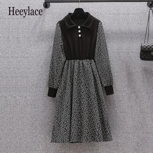 Plus size Autumn Floral Print Patchwork Knitted Dresses For Women Long Sleeve Black Vintage A-line Midi Vestidos Elegant Dress