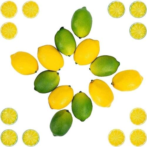 24PCS Vivid Fake Lemons Limes and Slices Set, Artificial Fruit Decorations for Home Kitchen Table Cabinet Weddings