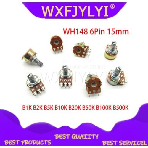 30pcs B1K B2K B5K B10K B20K B50K B100K B500K 15mm 6Pin Shaft WH148 Amplifier Dual Stereo Potentiometer