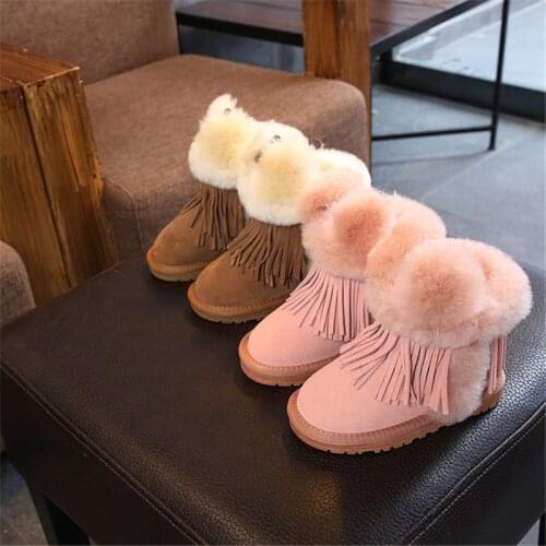 Fashion 100% Genuine Leather Fur Handmade Waterproof Girls Boots Winter Warm Kids Snow Boots For Kids Girls Brand Children Shoes