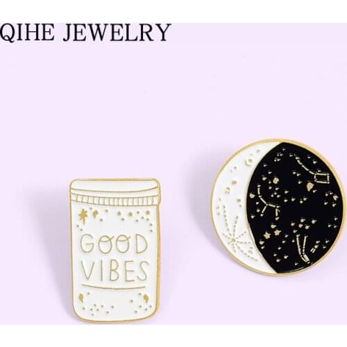 Cartoon Constellation Moon GOOD VIBES Bottle Brooch White Black Enamel Pins Button Coat Jacket Collar Pin Badge Jewelry Gift