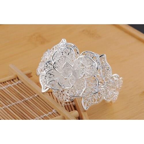 Hot 925 Sterling Silver fine big flower wide bangles cuff Bracelets for Women adjustable Fashion Party Gifts wedding Jewelry
