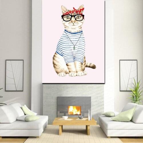 HD Print Abstract Cat Dress Up Cut Girl Animal Oil Painting on Canvas Pop Art Wall Picture For Living Room Sofa Cuadros Decor