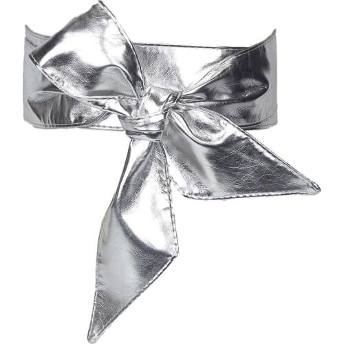 Idopy Women`s Faux Leather Bow Tie Knot Wide Band Shiny Gold Party Cosplay Halloween Cinch Corset Waist Belt Cinch