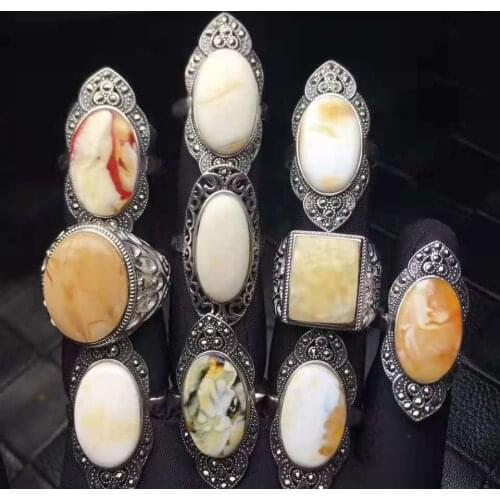 10Pcs/Lot rare natural white flower green yellow pattern amber ring Man Woman mixed 925 sterling silver inlaid adjustable unique