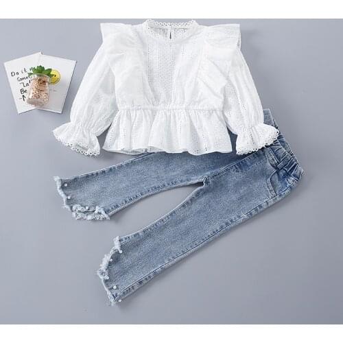 2-7 Years High Quality Spring Girl Clothing Set 2021 New Fashion Floral Solid Shirt + Pearl Jeans Kid Children Girls Clothing
