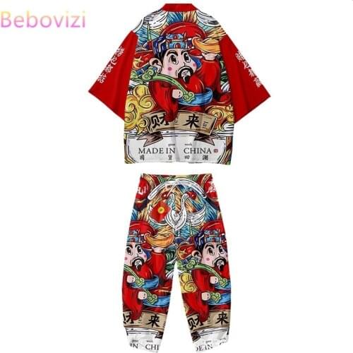Plus Size S-6XL Red God of Wealth Print Chinese style Japanese Kimono Suit Women Men Cosplay Yukata Clothing Cardigan Pants Sets