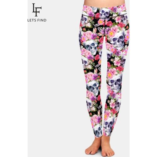 LETSFIND Fashion Sexy Printed Leggings 3D Human Skulls with Flowers Print Women High Waist Plus Size Comfortable Leggings