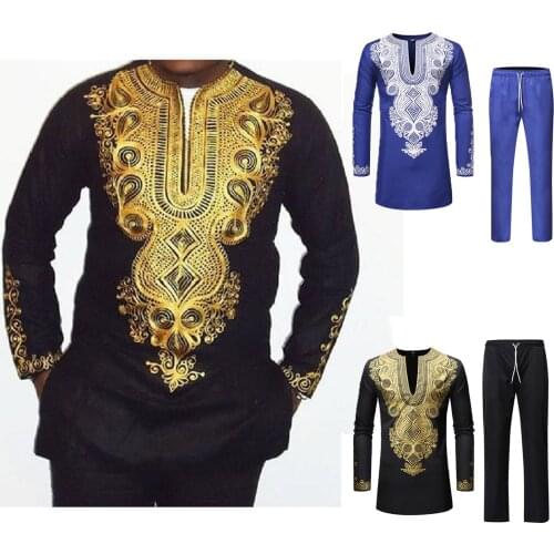 Fashion Mens African 2 Piece Set Long Sleeve Ethnic Printed Shirt Tops Pants Trouser Dashiki Outfit Set Traditional Suit#g3