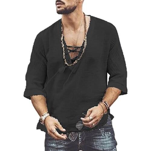 T-Shirts Men Solid Color Half Sleeve V Neck Hollow Out Chest Bandage T-shirt Blouse Top
