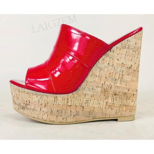 BERZIMER Women Platform Wedges Peep Toe Slides Shiny Pumps Slip On Zapatos Mules Summer Shoes Woman Large Size 44 45 47 50 52