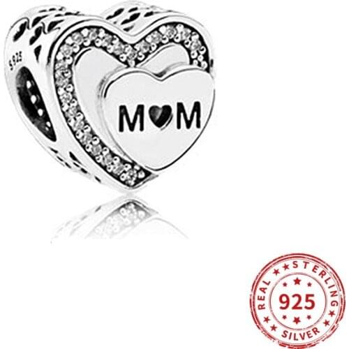 Real 925 Sterling Silver Beads Mom Heart CZ Charm for Women Fit Pandora Bracelets Bangles Women Diy Jewelry