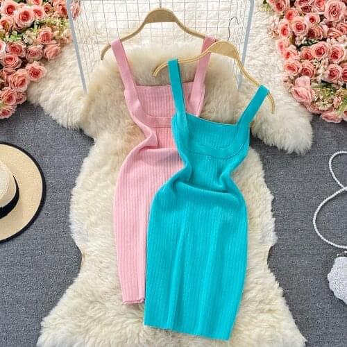 2021 Summer New U-neck Sexy Slim Slimming Bag Hip Suspender Dress Tight-fitting Vest Dress