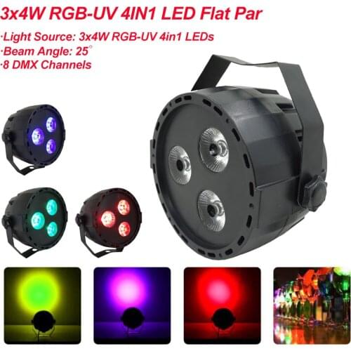 NEW 3LEDS 4W RGB-UV 4IN1 LED Flat Par Lights 8 DMX Channel IP20 Indoor Flat Par For Disco Dj Shows EU US AU UK Plug