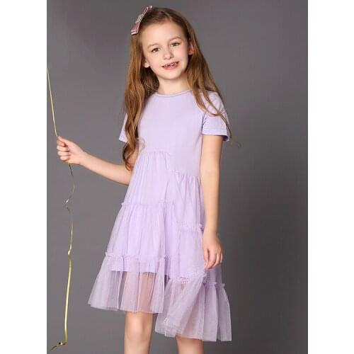 Girls'net yarn dress Childrens dress Summer short sleeve cotton stitching childrens dress