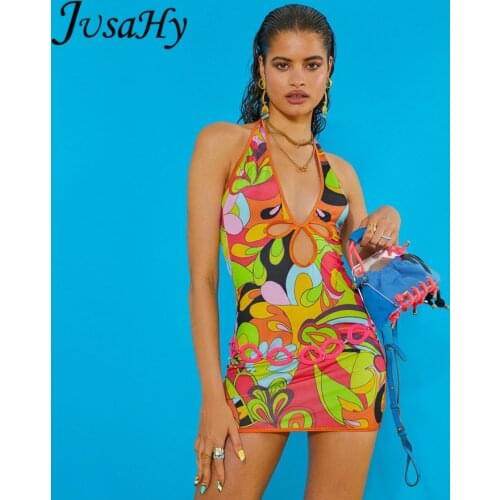 JuSaHy Vintage Aesthetic Print Mini Dress for Women V-Neck Hollow Out Backless Halter Slim Bodycon Dress Summer Party Clubwear
