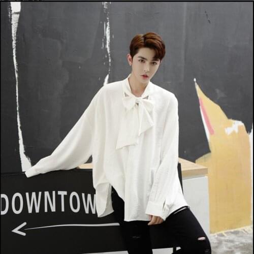Hot Men Clothing Long Sleeve Solid Color Casual Loose Shirt Nightclub Fashion Hairstylist Personality Shirt Tide Bowknot Shirts