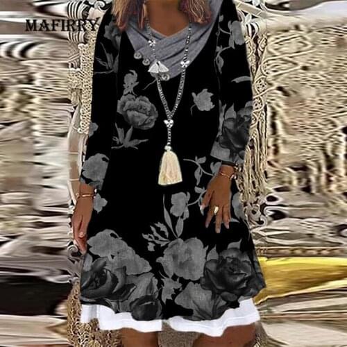 Casual Pile Collar 2021 Spring Autumn Mini Dress Vintage Print Women Loose Waist XXXL Dress Female Long Sleeve Streetwear Dress